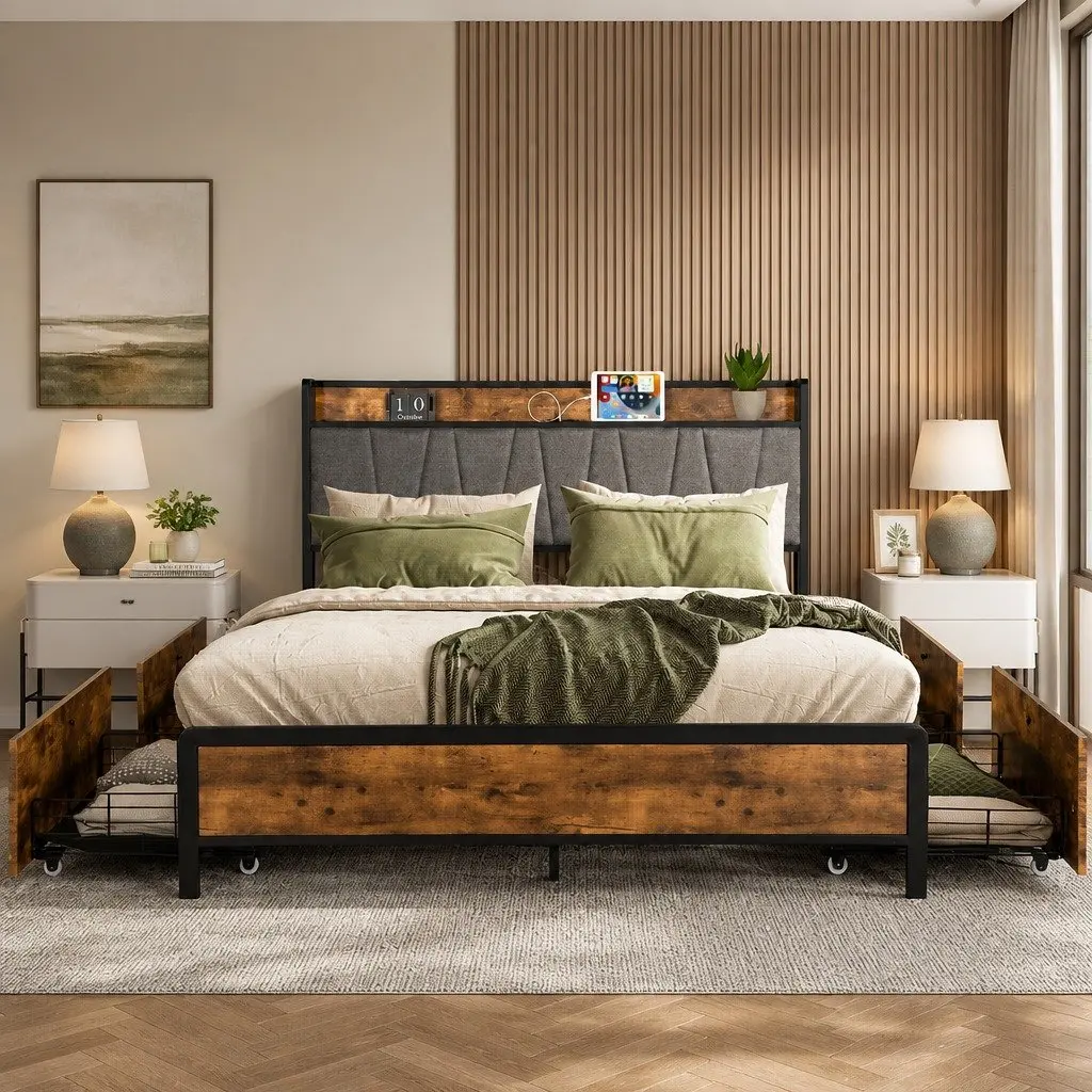 Queen Bed Frame with Upholstered Headboard & Power Access