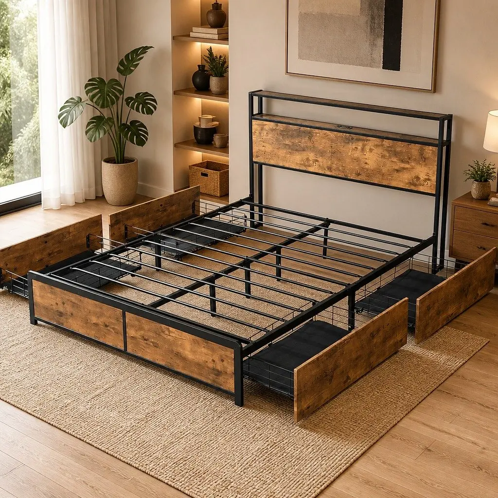 Queen Bed Frame with RGB LED Lighting Storage Drawers USB Charging Headboard