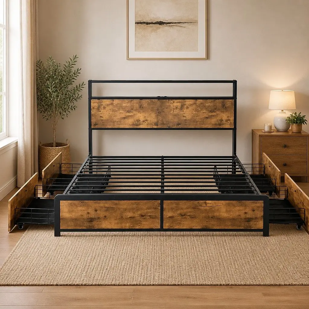 Queen Bed Frame with RGB LED Lighting Storage Drawers USB Charging Headboard