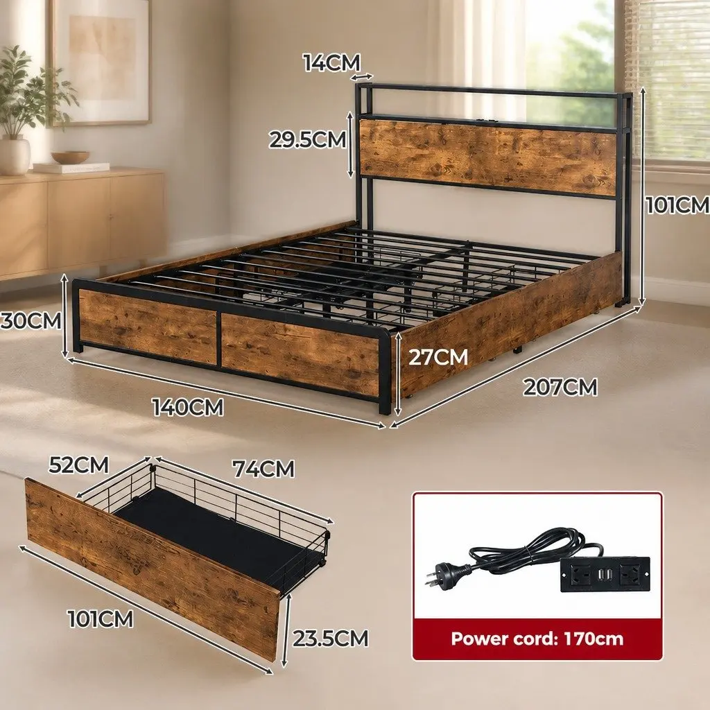 Queen Bed Frame with RGB LED Lighting Storage Drawers USB Charging Headboard