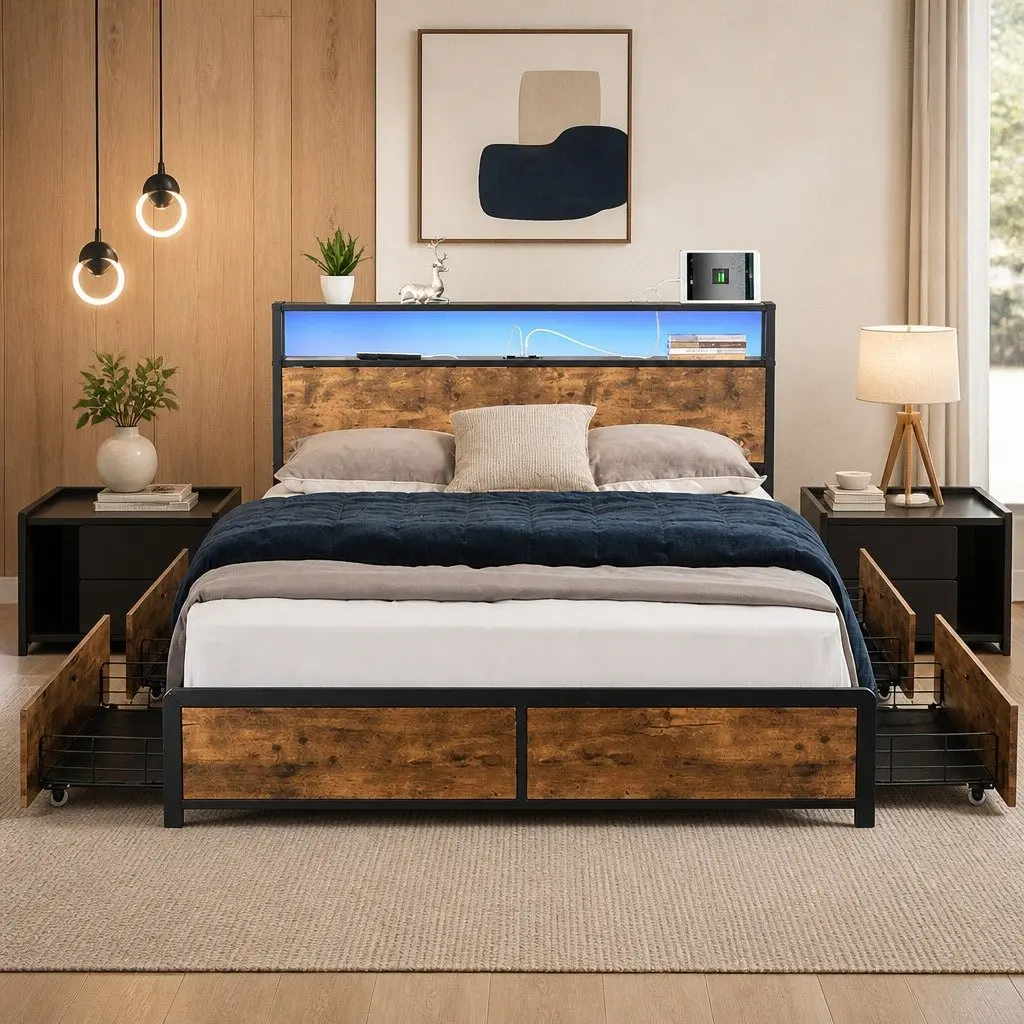 Queen Bed Frame with RGB LED Lighting Storage Drawers USB Charging Headboard