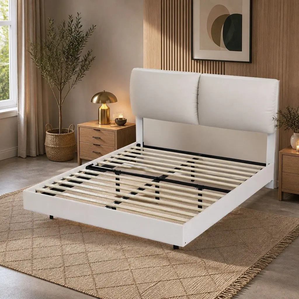 Floating Bed Frame with LED Light Height Adjustable Headboard Under-Bed Storage