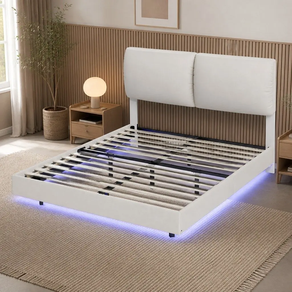 Queen Floating Bed Frame Adjustable Headrest LED Light Storage Metal Slats