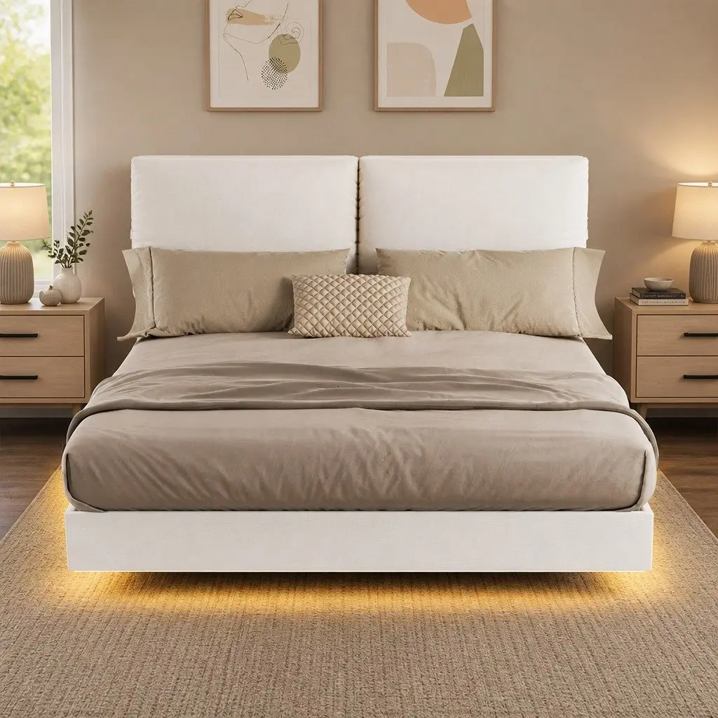 Queen Floating Bed Frame Adjustable Headrest LED Light Storage Metal Slats