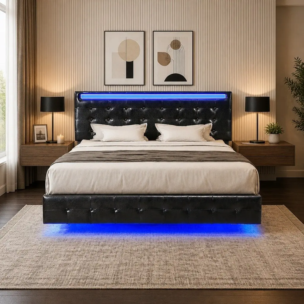 Queen Floating Bed Frame with LED Light Strips Adjustable Headboard Under-Bed Storage Black Steel PU Leather