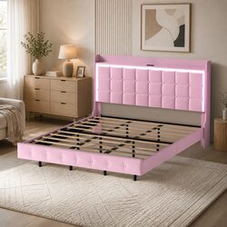 King Floating Bed Frame LED Headboard USB Charging Pink Modern Design