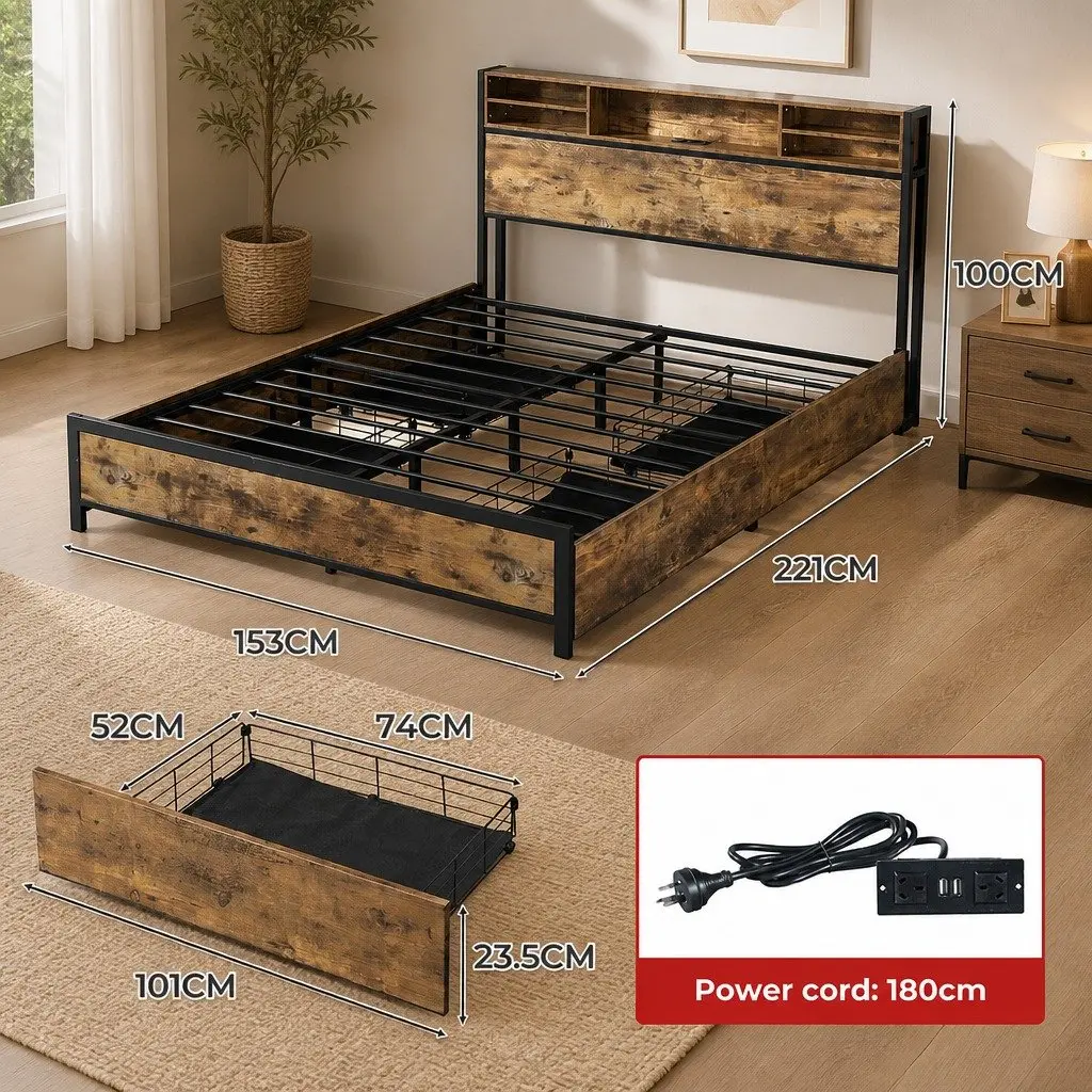 Queen Bed Frame with Storage Drawers LED Light Headboard and Charging Station Brown