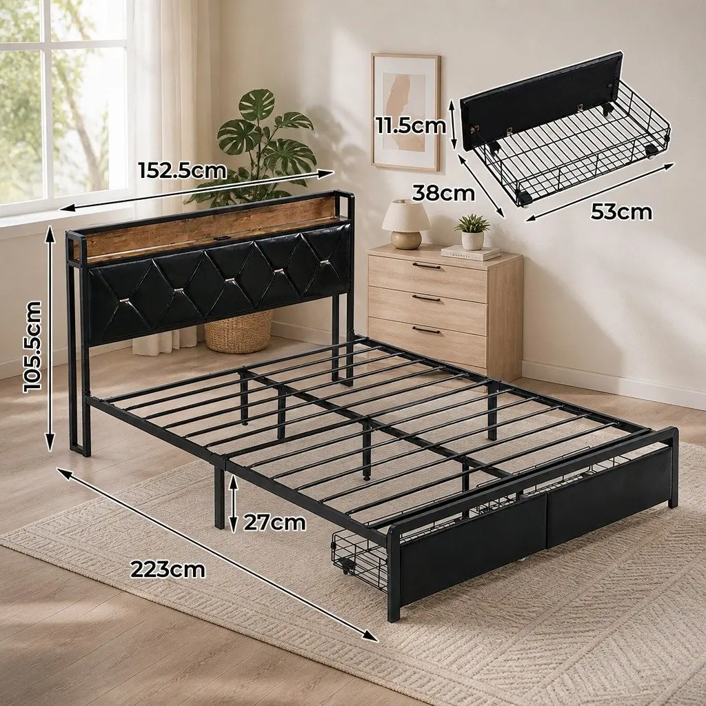 King Bed Frame with LED Headboard Storage Drawers USB Charging Metal Base