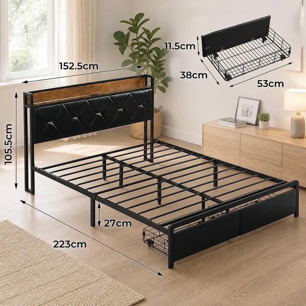 Queen Metal Bed Frame with RGB LED Lights USB Charging Storage Headboard 2 Drawers