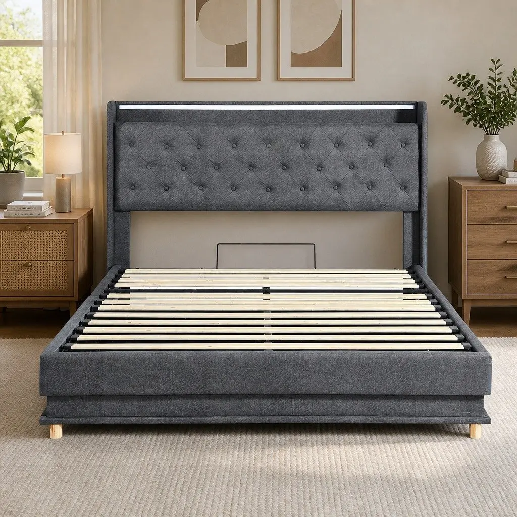 Queen Bed Frame Gas Lift Storage LED Headboard USB Charging Linen Upholstered