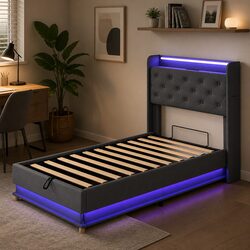 Stylish Single Bed Frame with Gas Lift Storage & USB Ports