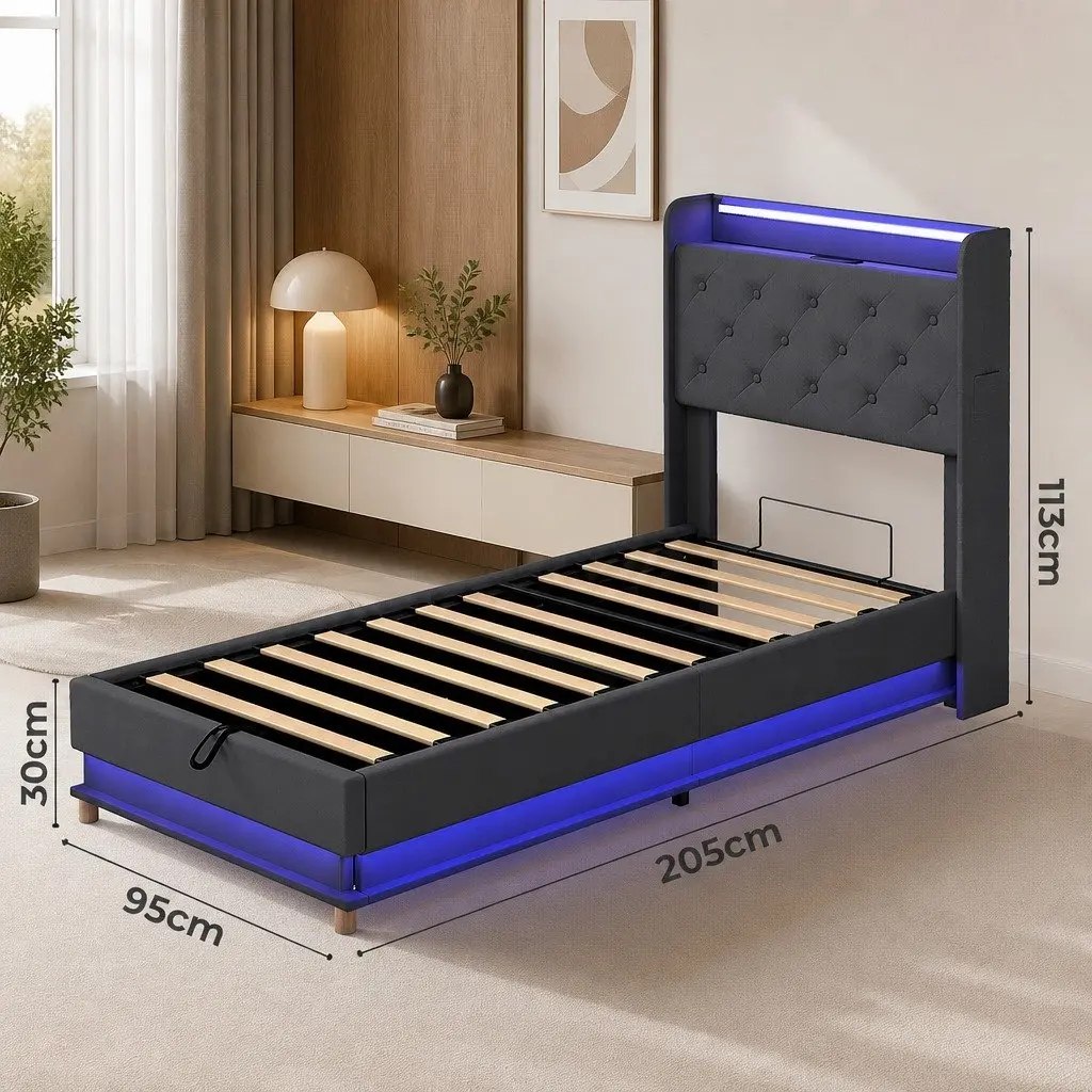 Single Bed Frame Grey Gas Lift Storage Headboard RGB LED USB Charging Linen