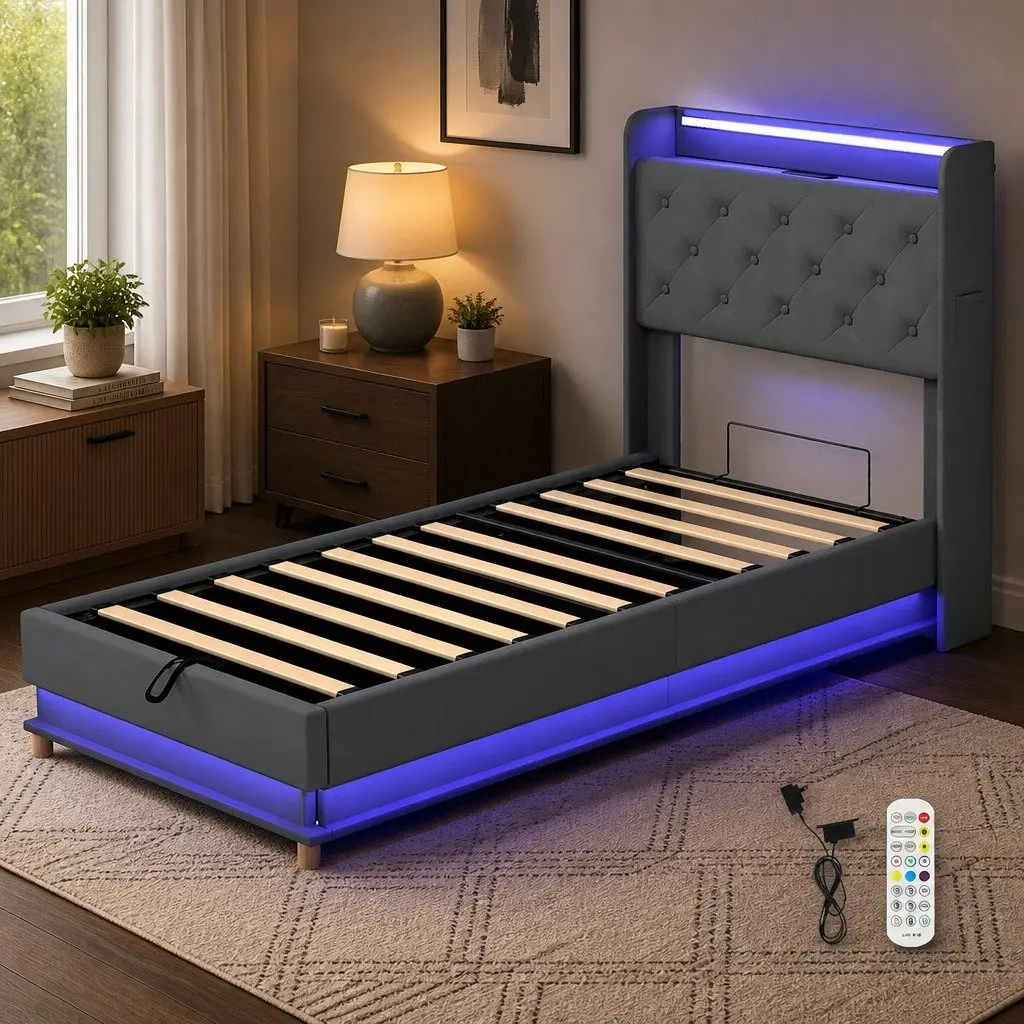 Single Bed Frame Grey Gas Lift Storage Headboard RGB LED USB Charging Linen