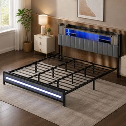 King Bed Frame with Storage Headboard RGB LED Lights Charging Station