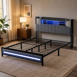 Queen Bed Frame with Storage Headboard RGB LED Charging Station Linen