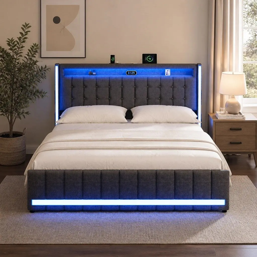 Double Bed Frame with Storage Drawers Gray Linen Upholstered LED Lighting USB Ports Power Outlets