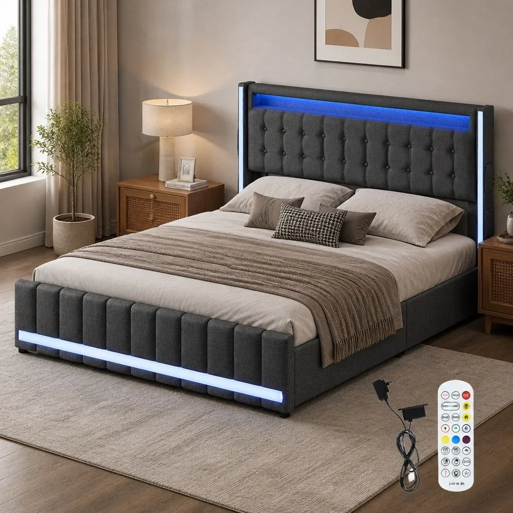 Queen Bed Frame Gray with Ergonomic High Backrest LED Headboard USB Power Outlets and Storage Drawers