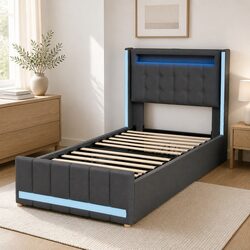 Single Bed Frame with Storage Drawers RGB LED USB Charging Headboard Linen