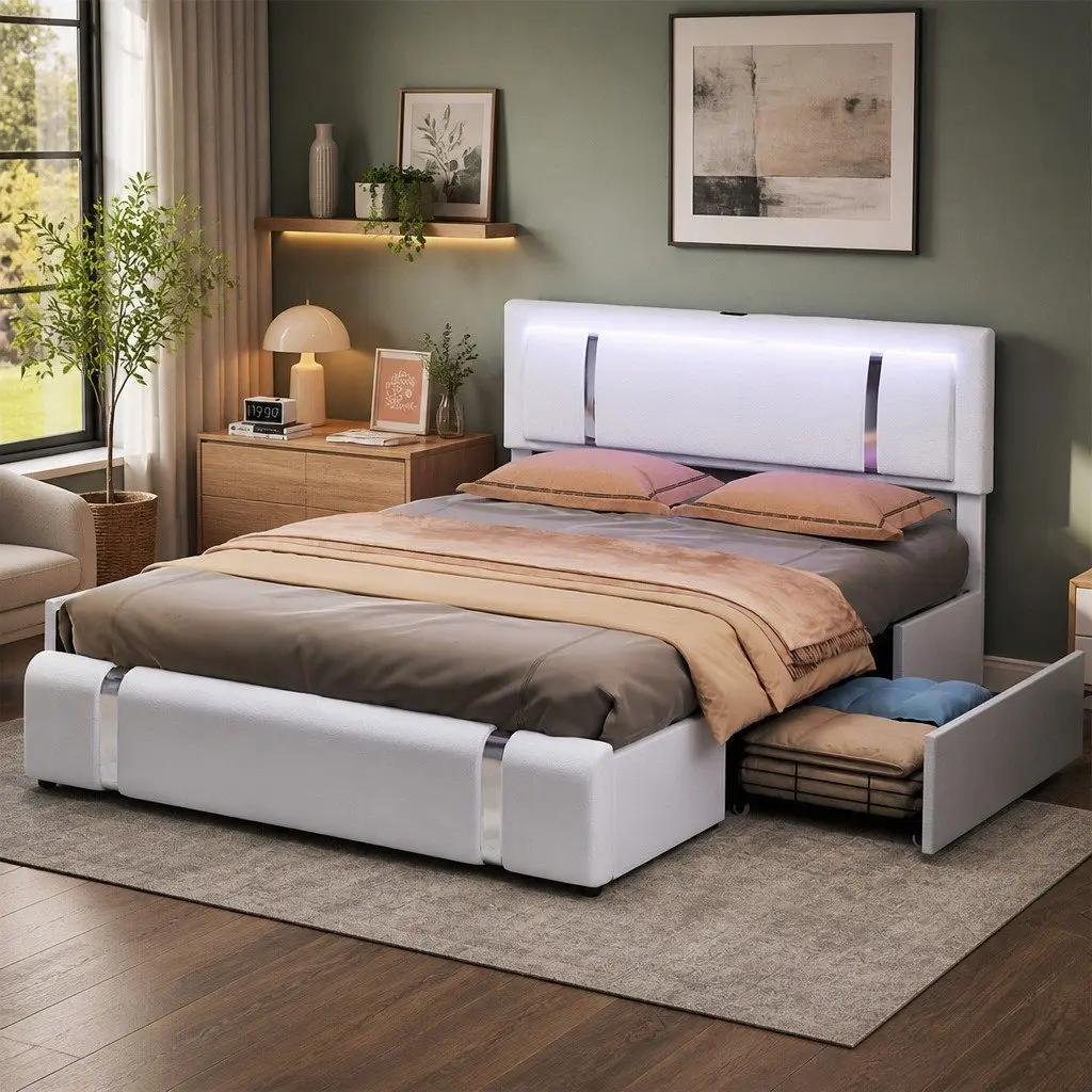 King Bed Frame with Adjustable Height Leather Headboard RGB LED Lights and USB Charging Ports