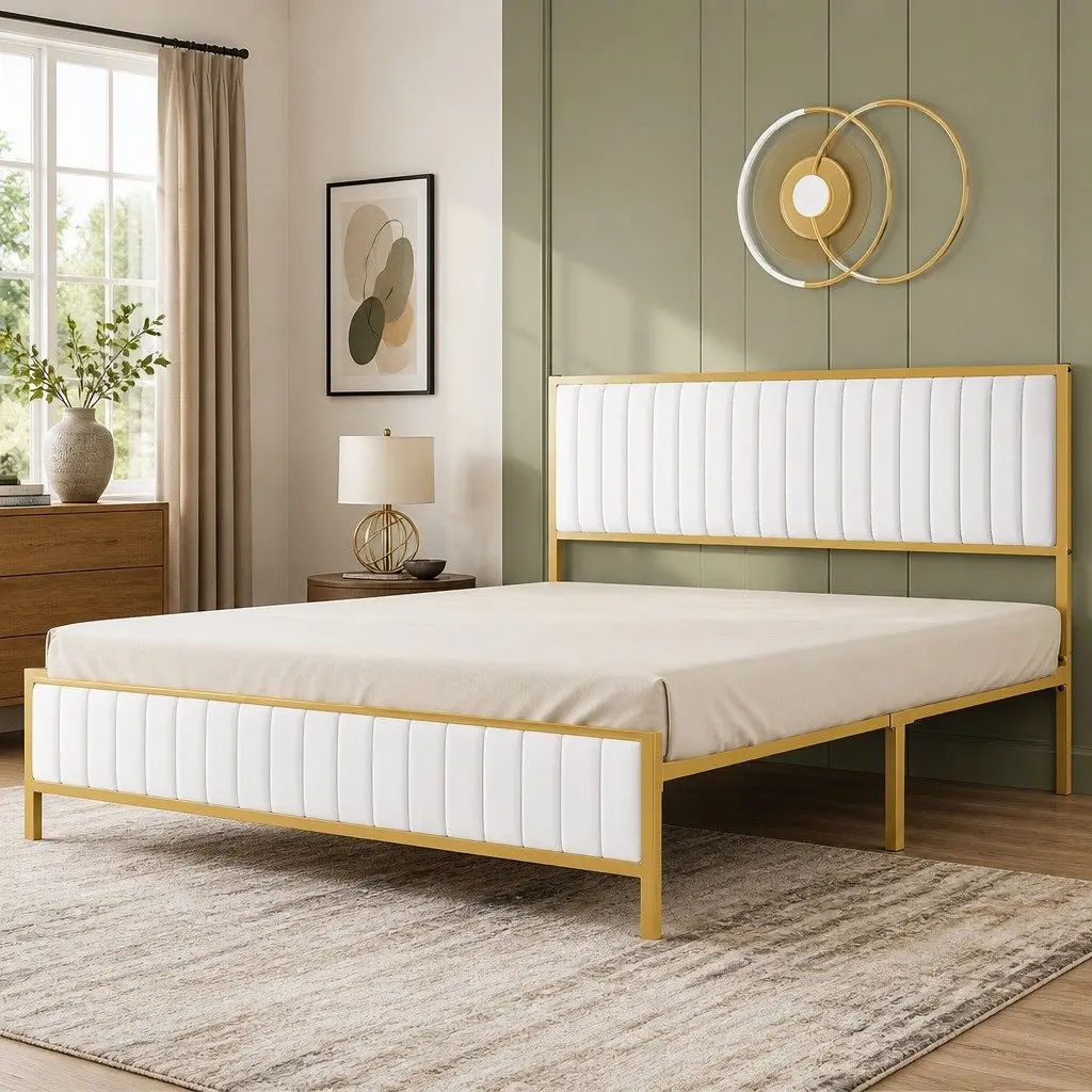 Double Bed Frame with Under Bed Storage Padded Headboard Metal Slats Beige