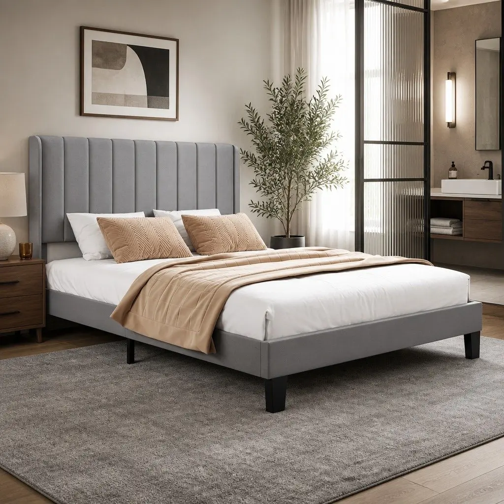 Queen Bed Frame Upholstered Grey Headboard Metal Wooden Slats Platform 11.7cm Underbed Clearance