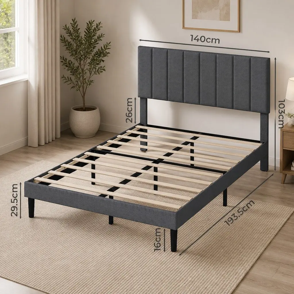 Upholstered Platform Bed Frame Double Size Dark Grey Storage Wooden Slats