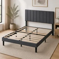 Queen Upholstered Platform Bed Frame Linen Fabric Storage Base Dark Grey
