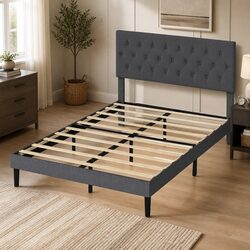 Queen Upholstered Platform Bed Frame Linen Fabric Storage Base Modern Bedroom