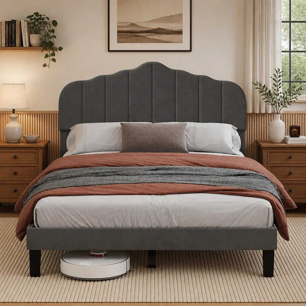 Double Bed Frame Upholstered Platform Base with Under-Bed Storage Space Dark