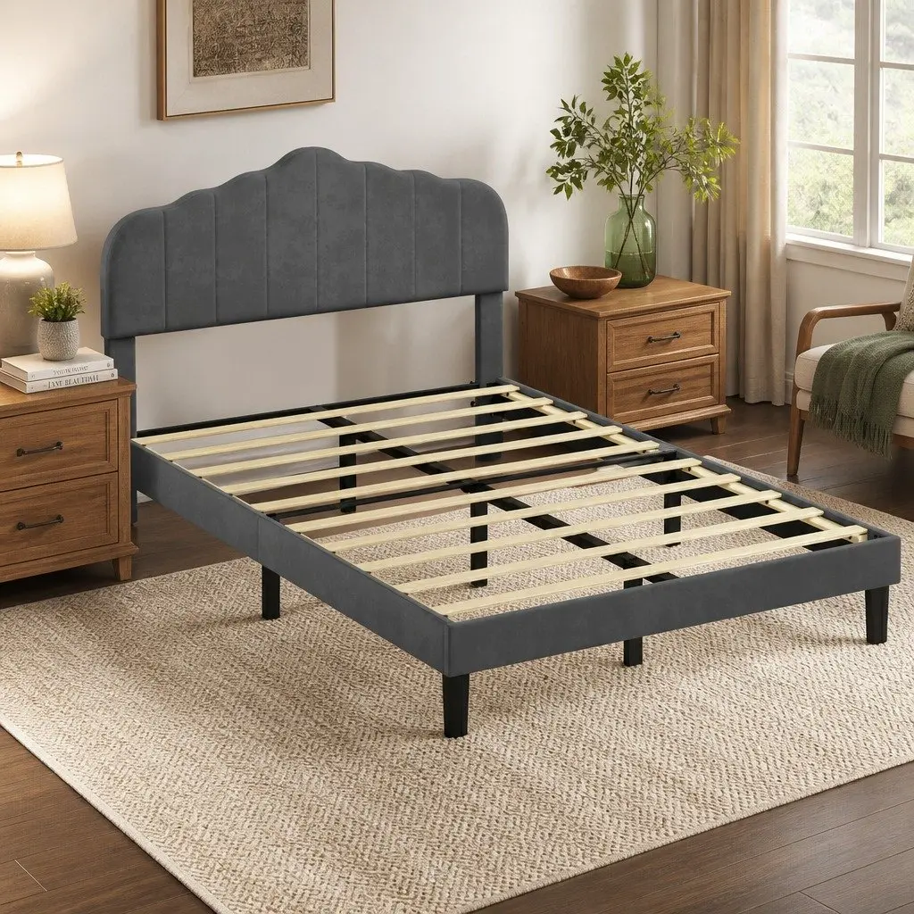 Upholstered Platform Bed Frame Queen Size Wooden Slat Support Under-bed Storage Dark Grey