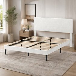 Queen Bed Frame Upholstered Adjustable Headboard Platform Wooden Slat Base