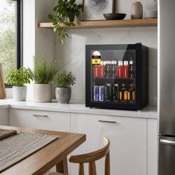 46L Bar Fridge Glass Door Beverage Cooler Mini Portable Compact Black Chiller
