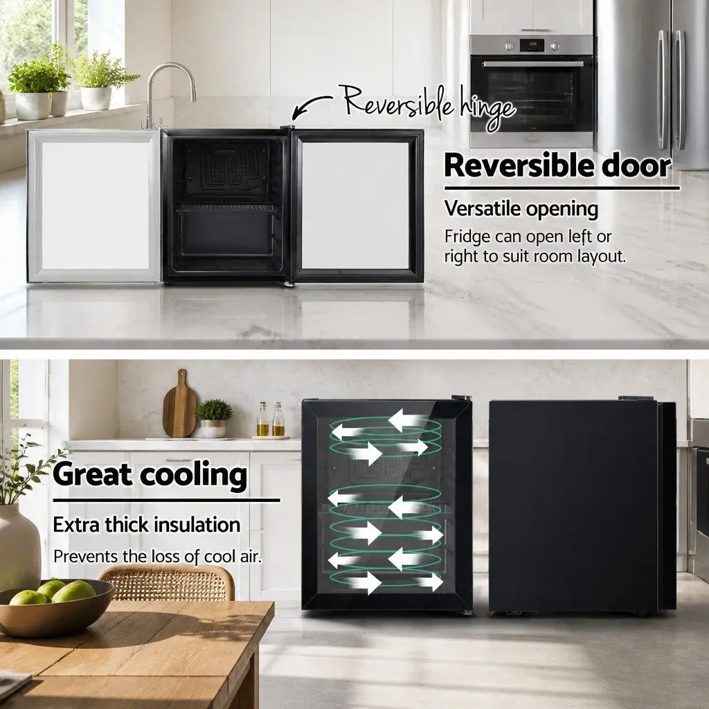 46L Bar Fridge Mini Portable Compact Black Beverage Cooler with Glass Door and Adjustable Shelves