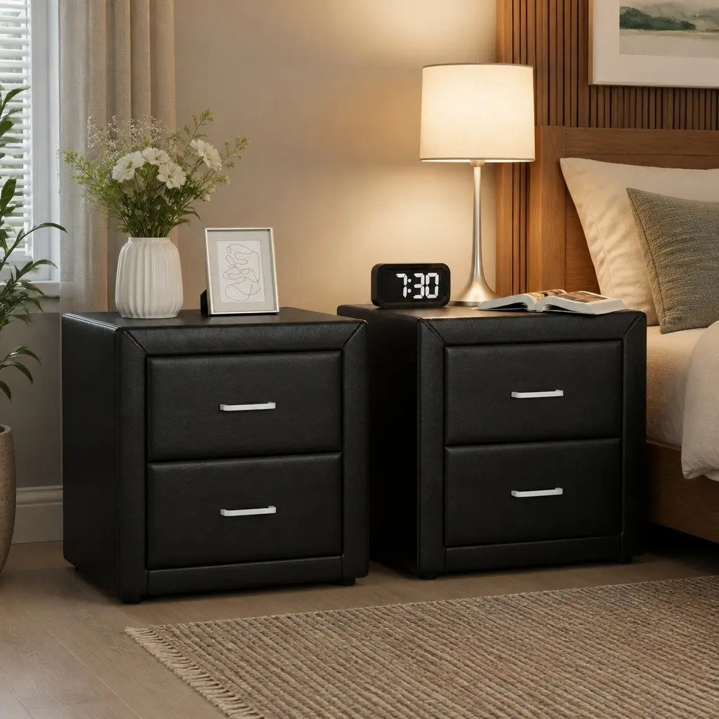 Bedside Table Black 2 Drawers Modern PVC Leather Storage Furniture