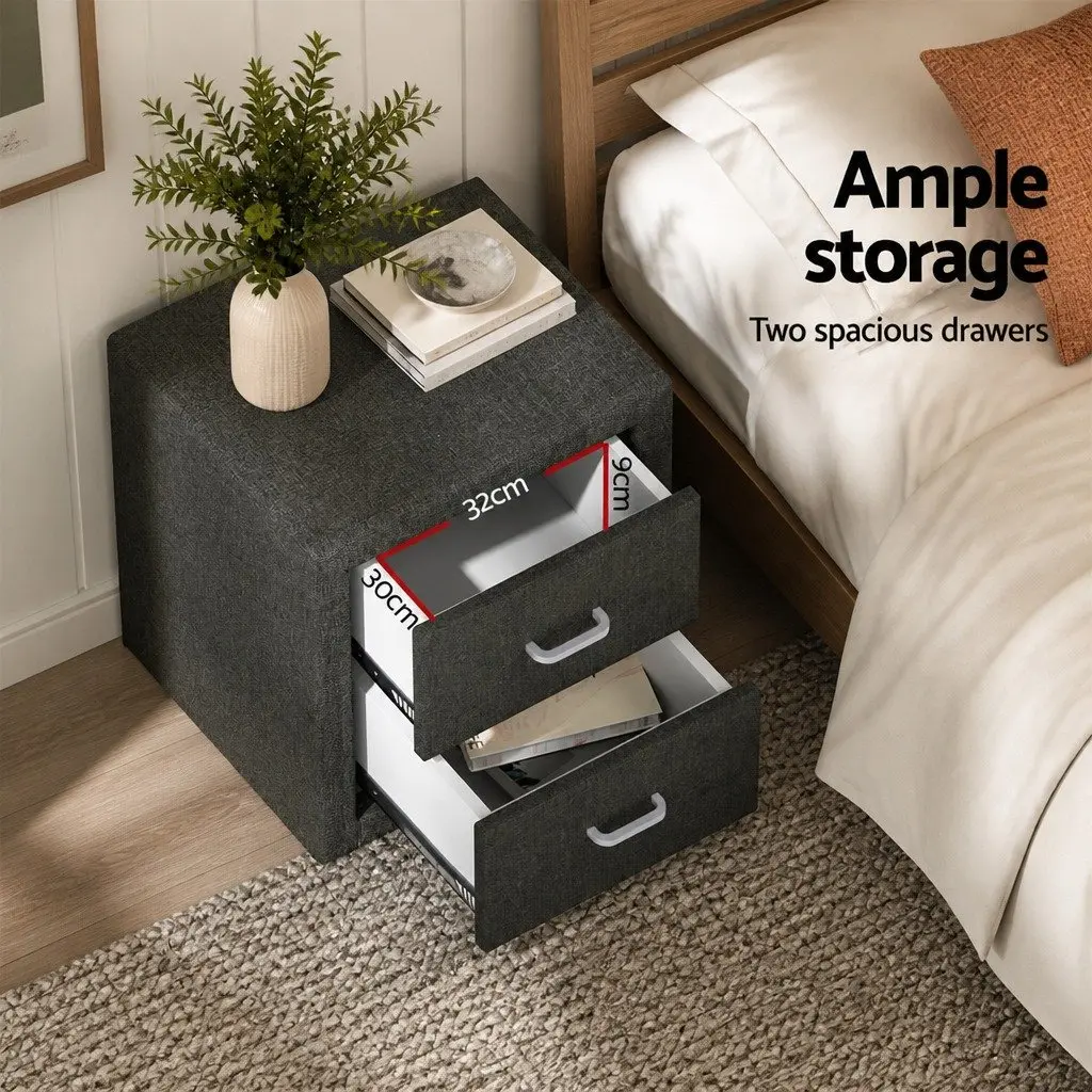 Bedside Table 2 Drawers Charcoal Faux Linen Modern Bedroom Side Table Storage