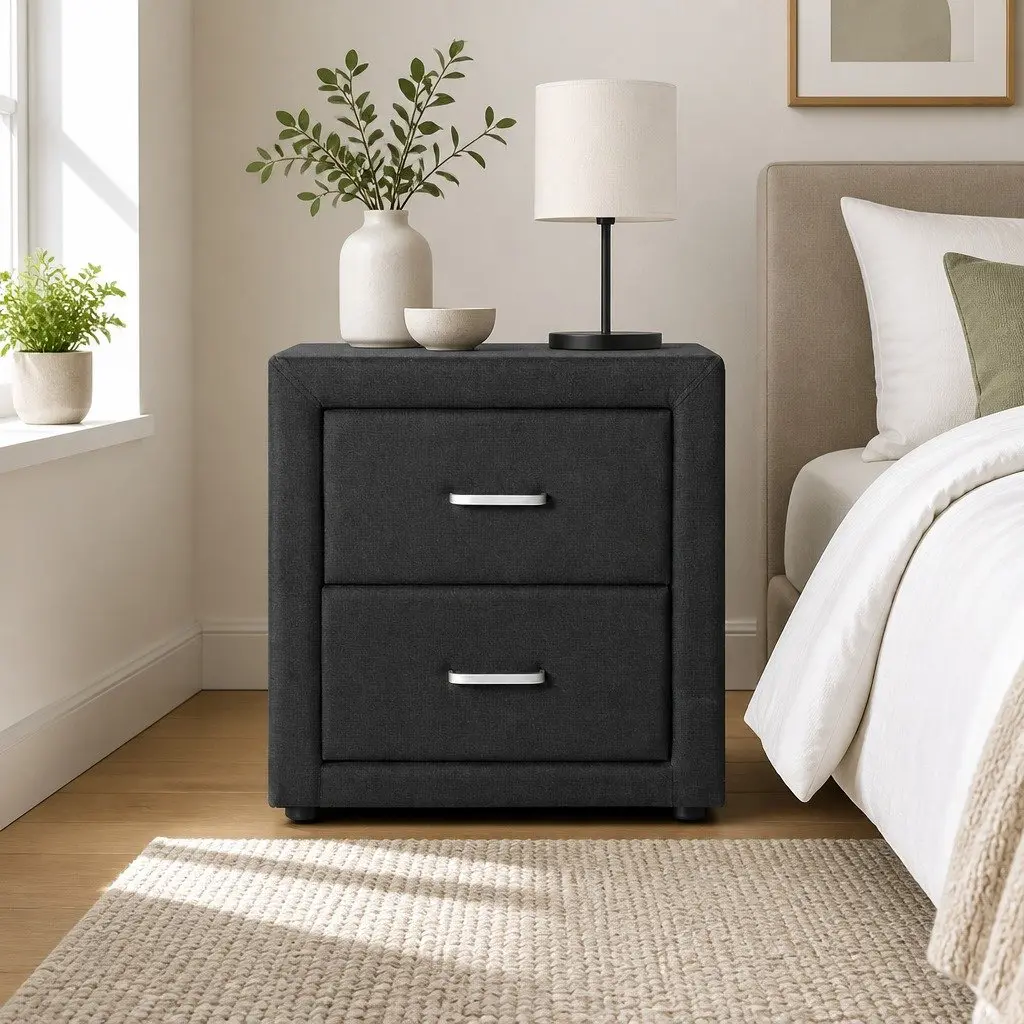 Bedside Table 2 Drawers Charcoal Fabric Storage Modern Bedroom Furniture