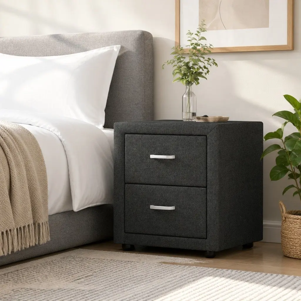 Bedside Table 2 Drawers Charcoal Fabric Storage Modern Bedroom Furniture