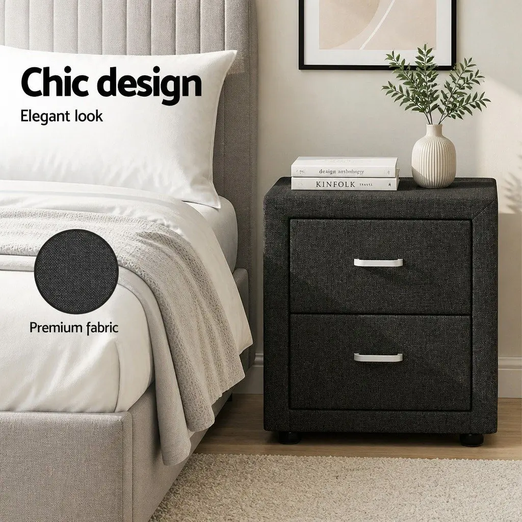 Bedside Table 2 Drawers Charcoal Fabric Storage Modern Bedroom Furniture