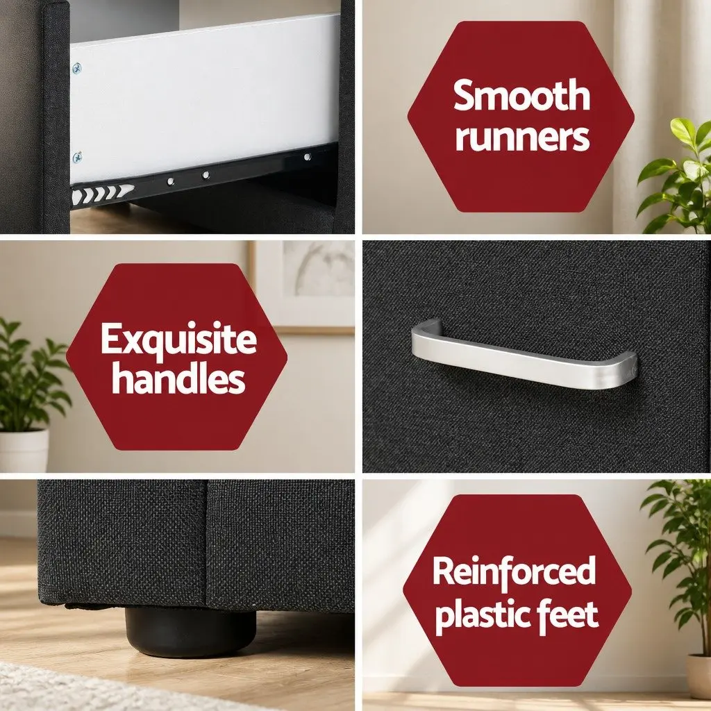 Bedside Table 2 Drawers Charcoal Fabric Storage Modern Bedroom Furniture