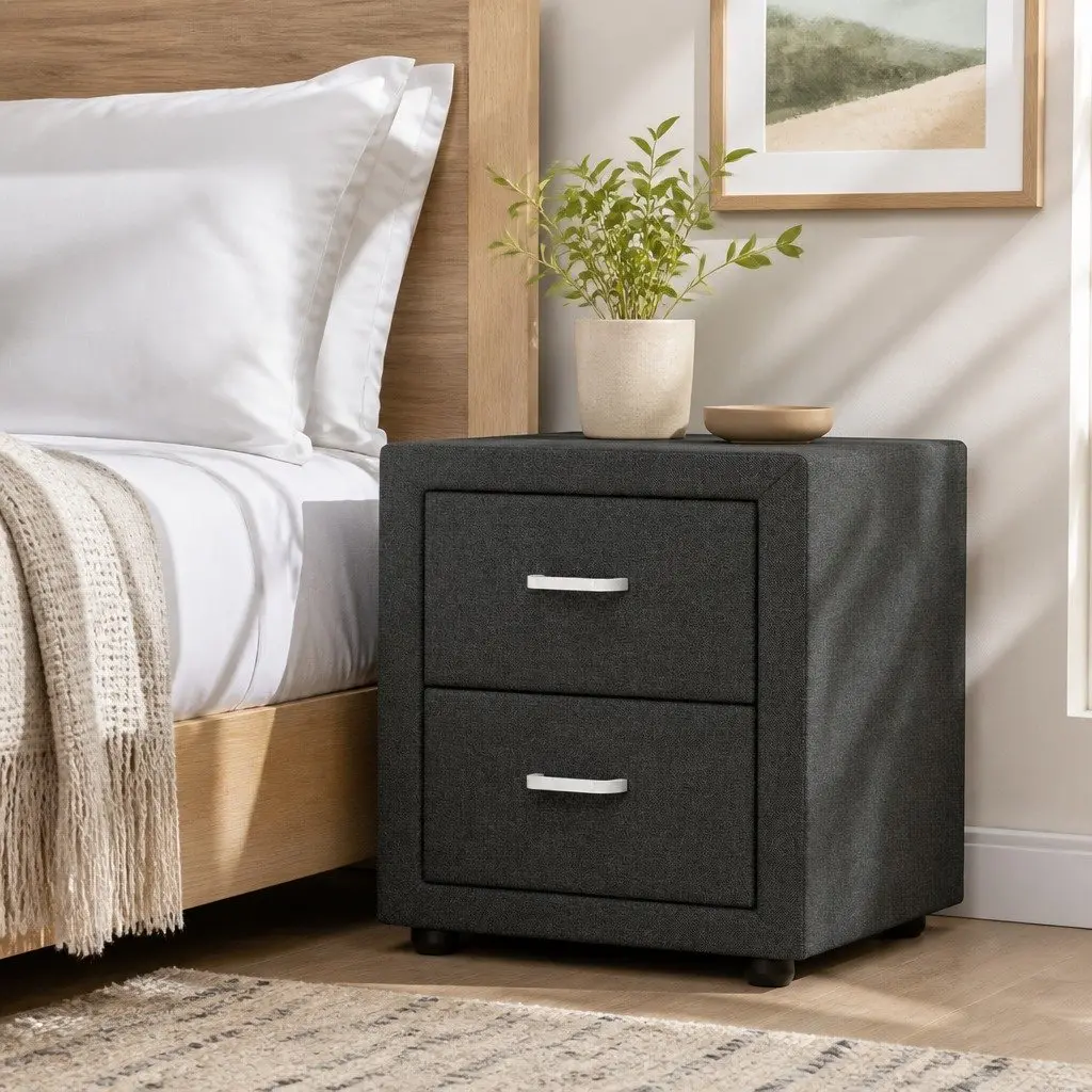 Bedside Table 2 Drawers Charcoal Fabric Storage Modern Bedroom Furniture