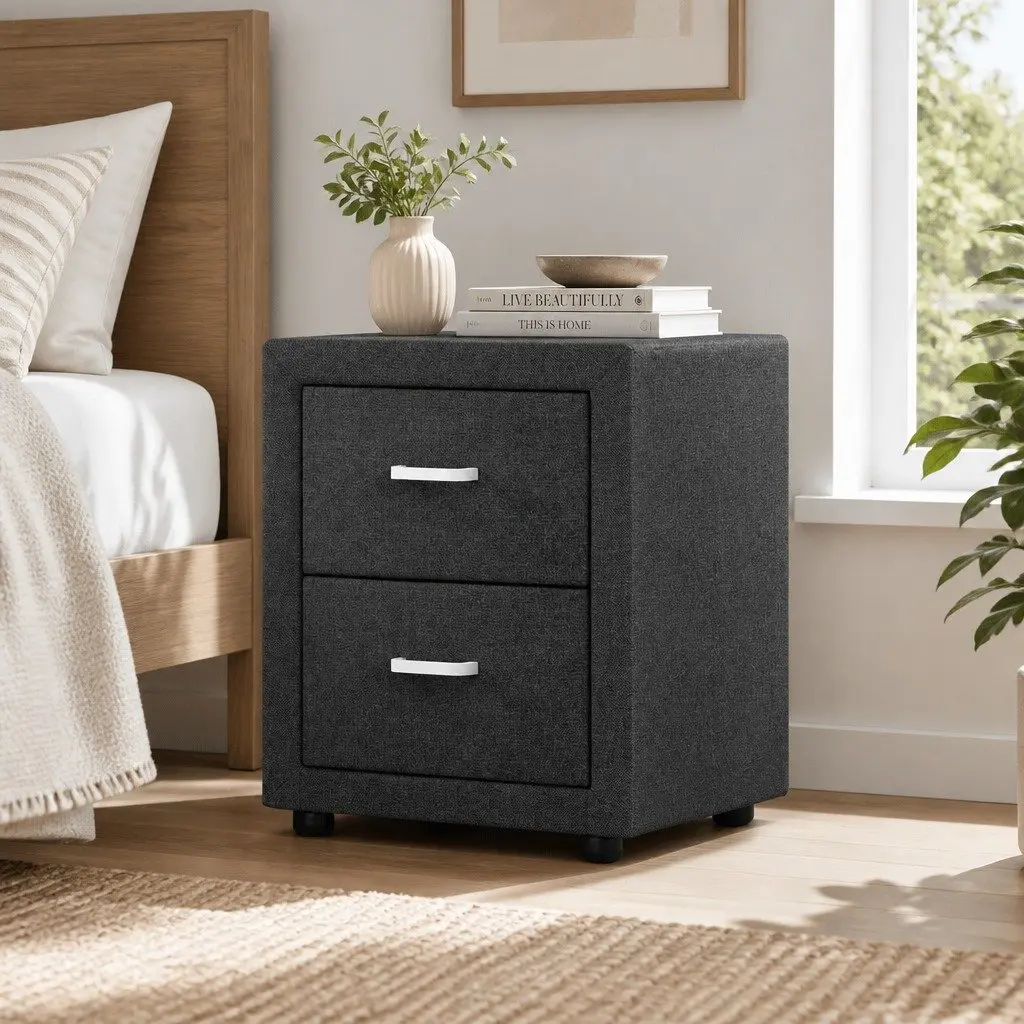 Bedside Table 2 Drawers Charcoal Fabric Storage Modern Bedroom Furniture