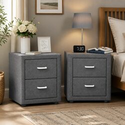 2-Drawer Side Table in Grey Linen for Your Bedroom