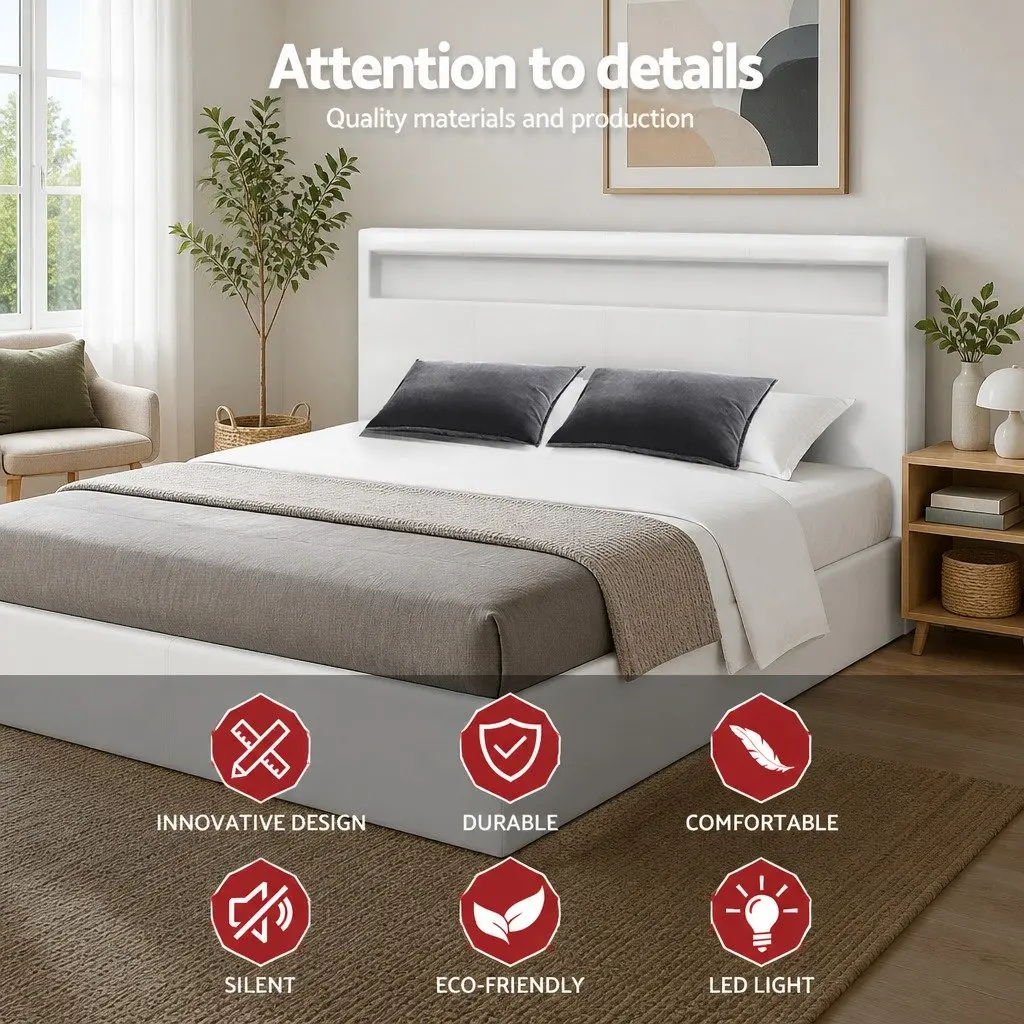 Double Bed Frame Double Size Gas Lift Storage White LED Headboard