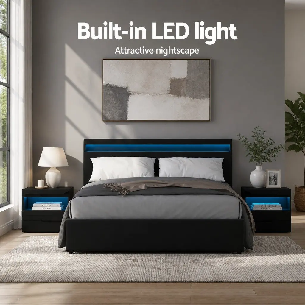Queen Size Gas Lift Bed Frame with LED Lighting and Storage Headboard Black