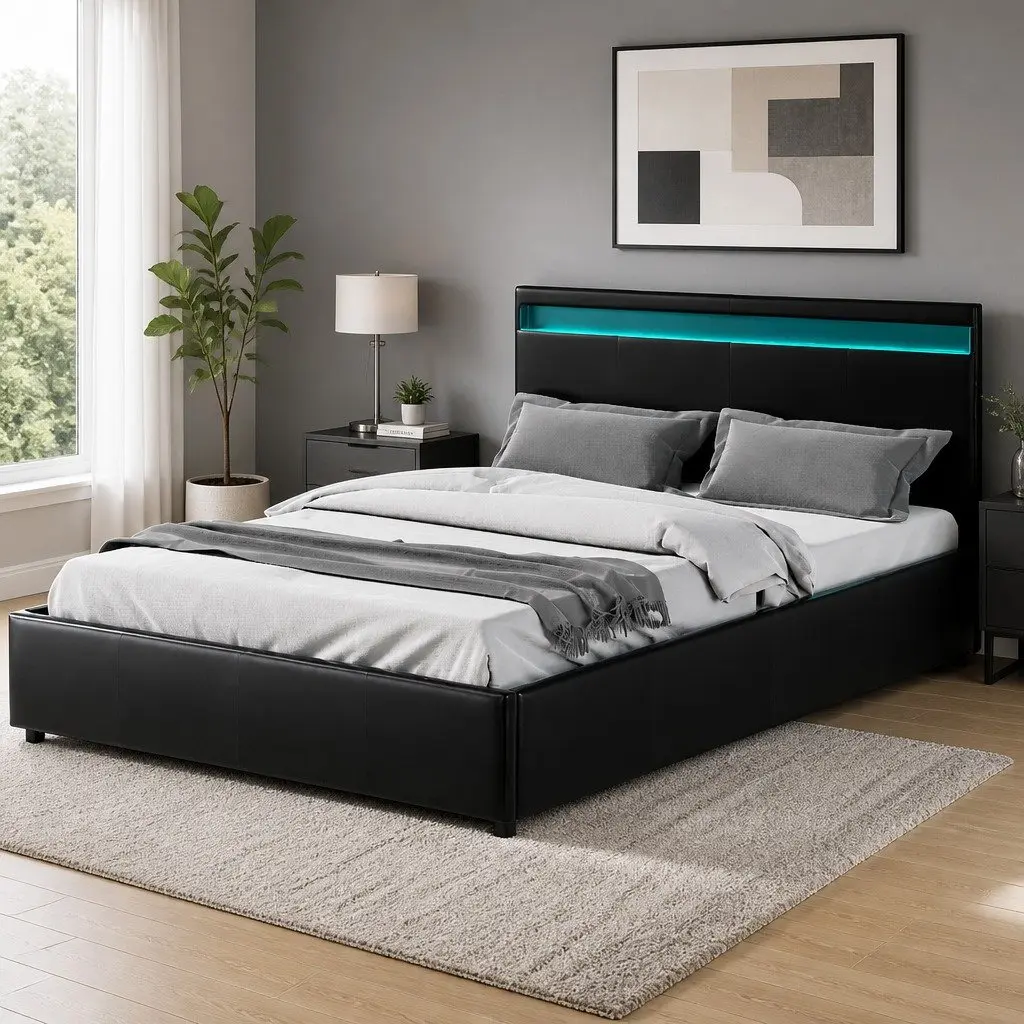 Queen Size Gas Lift Bed Frame with LED Lighting and Storage Headboard Black
