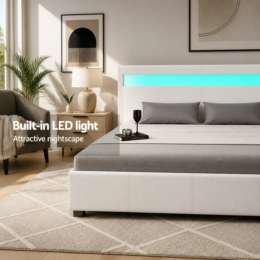 Queen Size Gas Lift Storage Bed Frame White Upholstered Headboard with LED Lighting