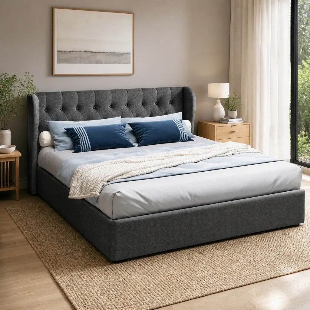 King Size Bed Frame Upholstered Charcoal Tufted Headboard Gas Lift Storage