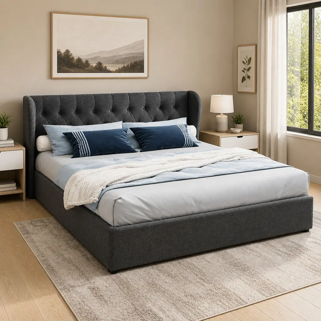 King Size Bed Frame Upholstered Charcoal Tufted Headboard Gas Lift Storage