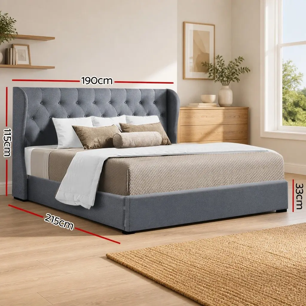 King Size Gas Lift Bed Frame with Tufted Headboard Storage Grey