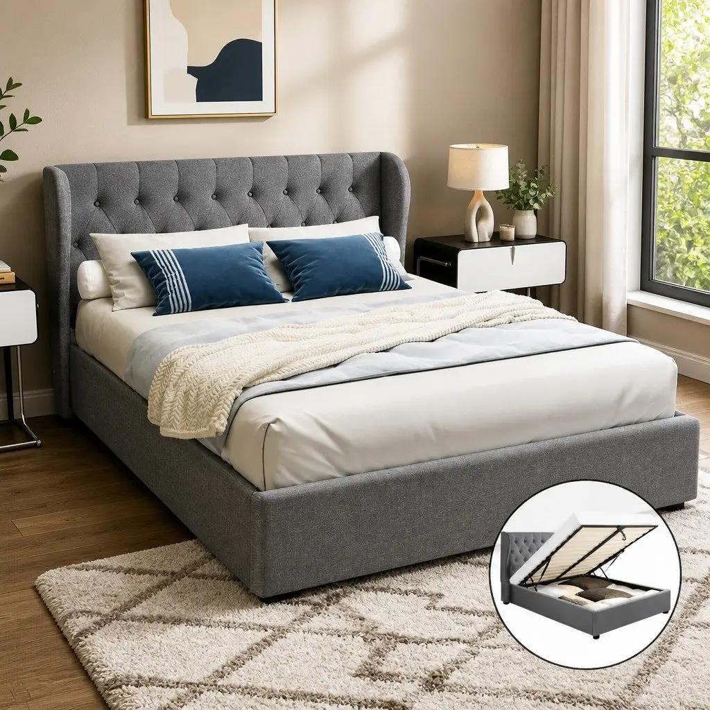 Upholstered Padded Headboard Queen Size Bed Frame with Grey Gas Lift Storage